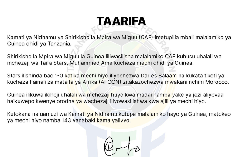 CAF Yatupilia Mbali Malalamiko ya Guinea Dhidi ya Tanzania